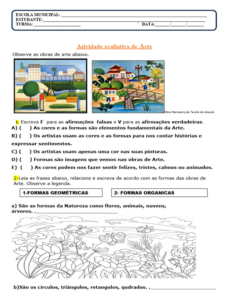 Atividade Avaliativa de Artes para 3º Ano | PDF