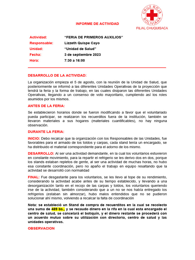 Informe Feria Primeros Auxilios 2023 | PDF