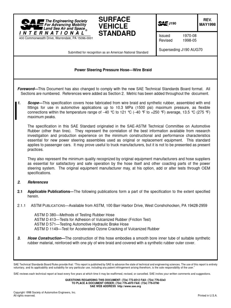 SAE J190 Power Steering Hose Standard | PDF | Specification (Technical ...