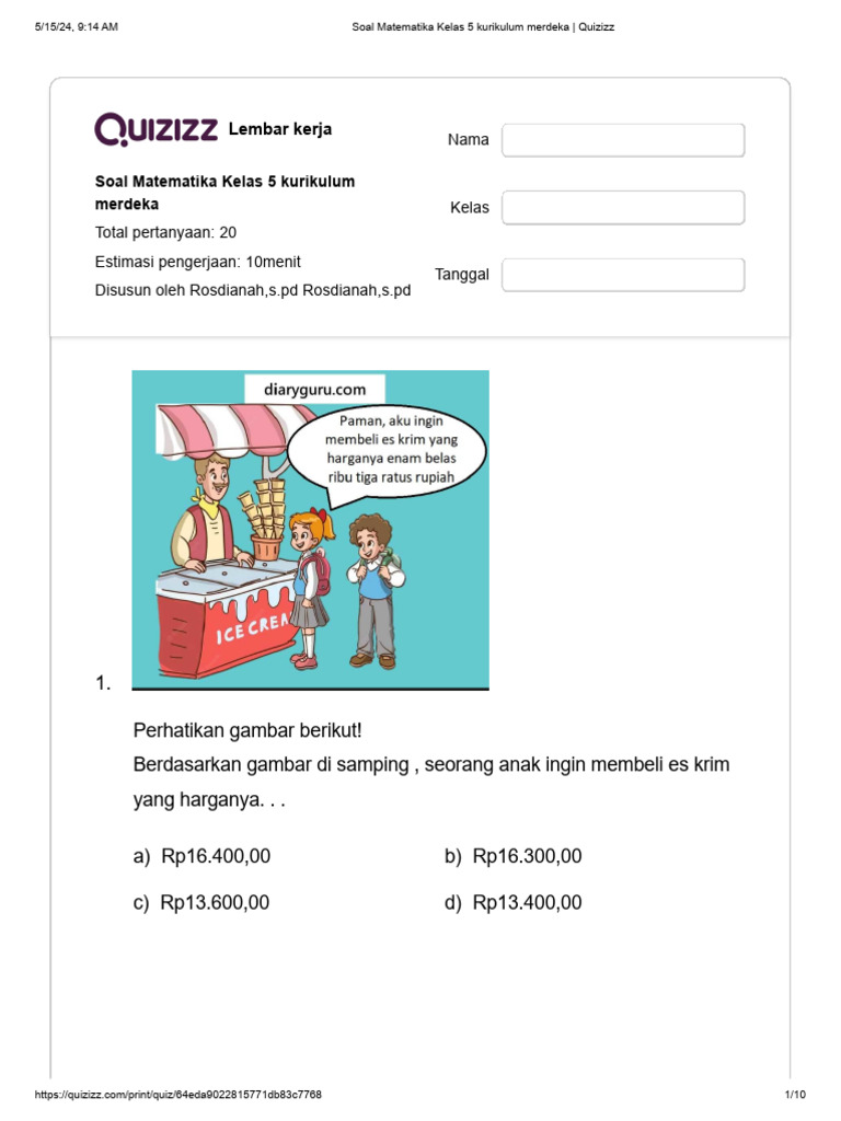 Soal Matematika Kelas 5 Kurikulum Merdeka | PDF