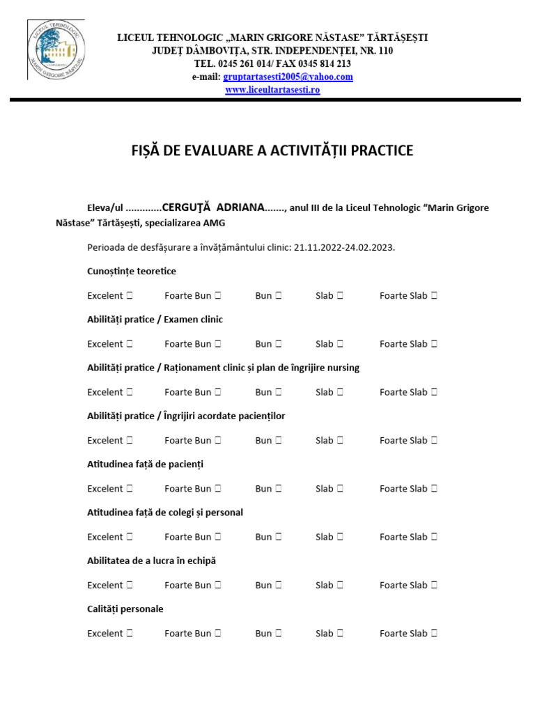 Model Fisa Evaluare Elevi An 3 | PDF