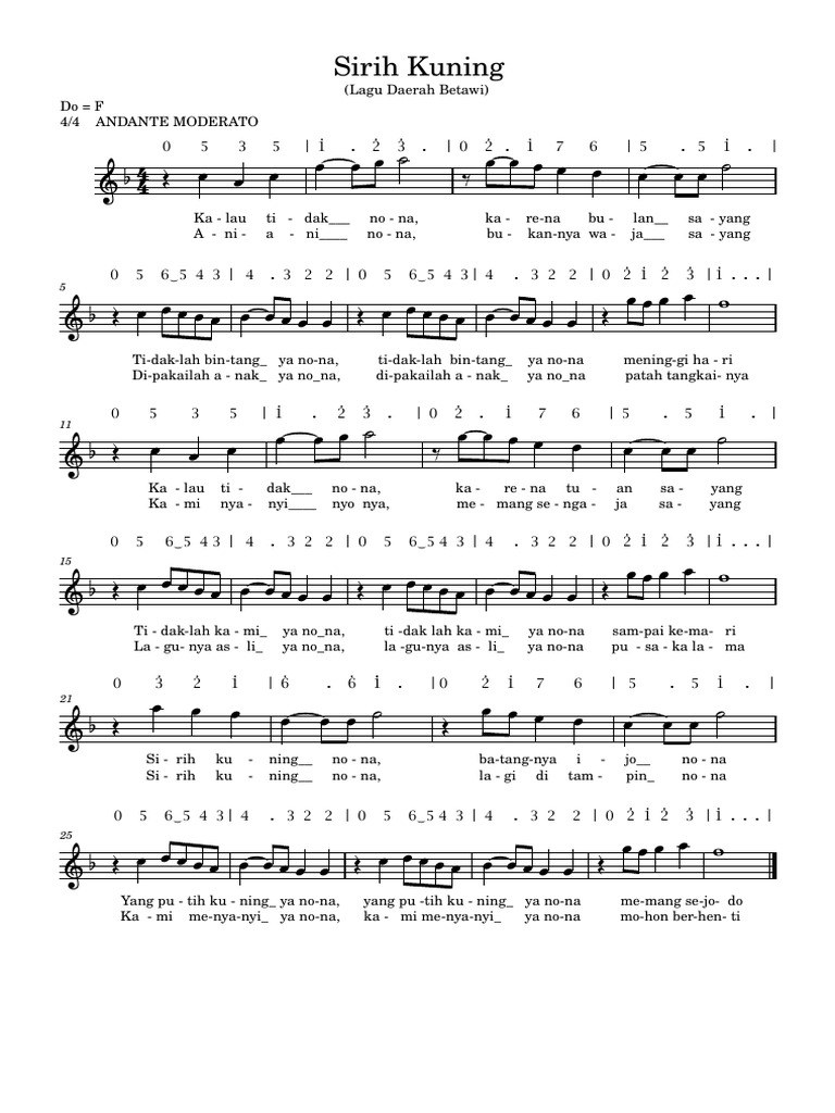 Notasi dan Lirik Lagu Sirih Kuning | PDF