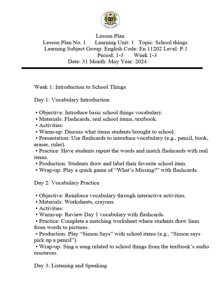 School Things Lesson Plan for P.1 | PDF | Vocabulary | Reading ...