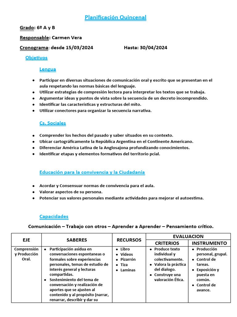 Planificación Quincenal 6º Grado A y B | PDF | Narración | Oración ...