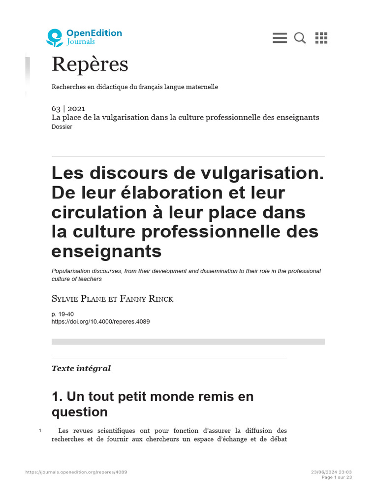 Les Discours de Vulgarisation. de Leur Élaboration Et Leur Circulation ...
