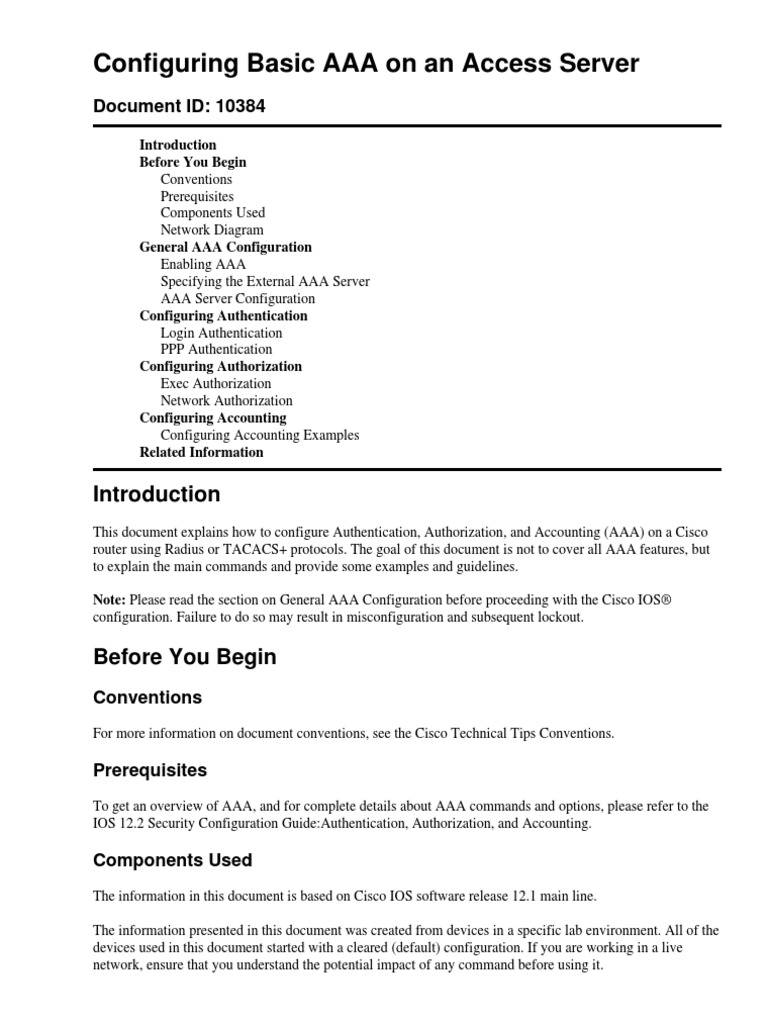 Configuring Basic AAA On A Access Server | PDF