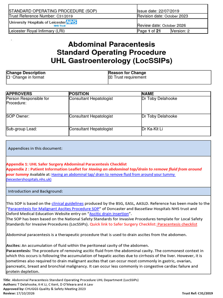 Abdominal Paracentesis SOP UHL | PDF | Diseases And Disorders | Medical ...