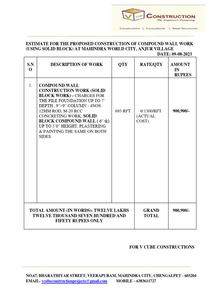 Compound Wall Construction Estimate | PDF