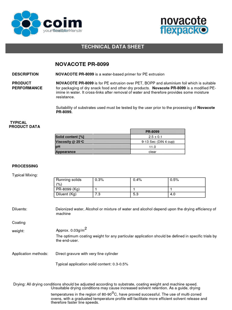 Novacote PR-8099 Technical Data Sheet | PDF | Extrusion | Water