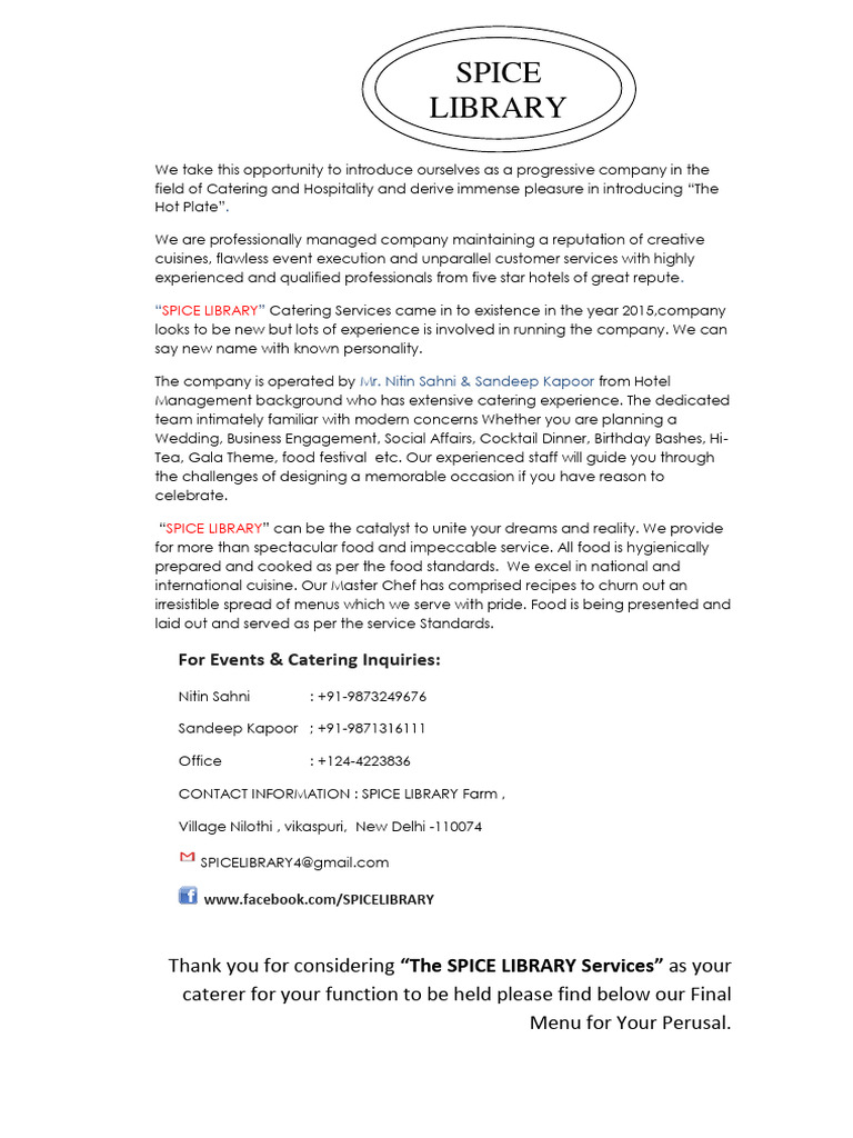 Spice Library Catering Services Overview | PDF | Salad | Kebab