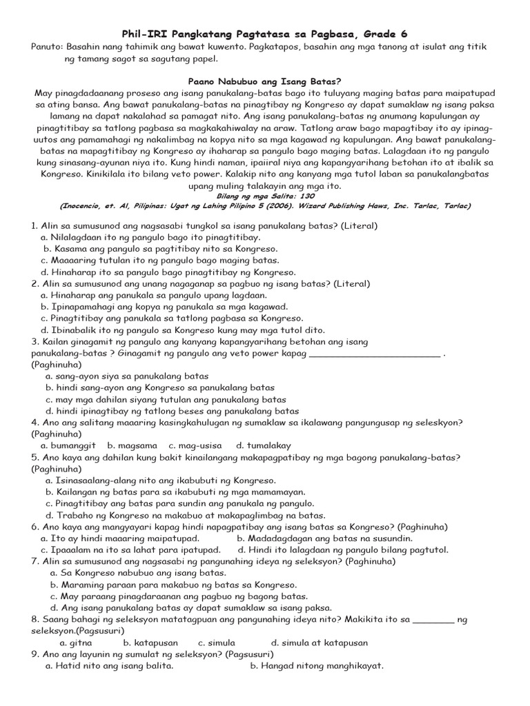 Grade 6 Phil Iri | PDF