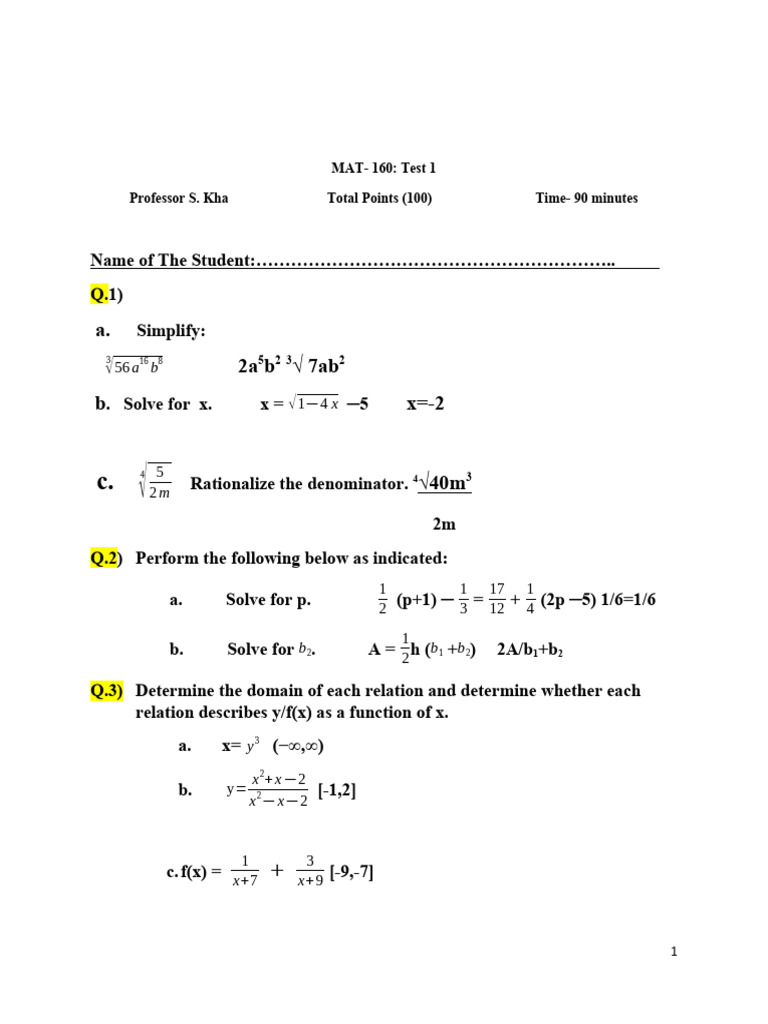 MAT-160 Test 1: Math Problems & Solutions | PDF | Equations | Algebra