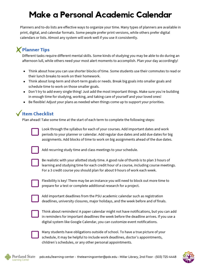 Personal Academic Calendar Pdf Time Management Professional Skills