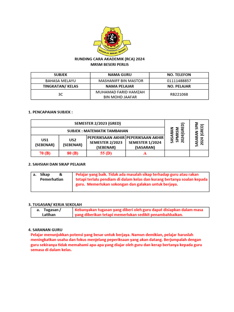 Laporan RCA Pelajar MRSM 2024 | PDF