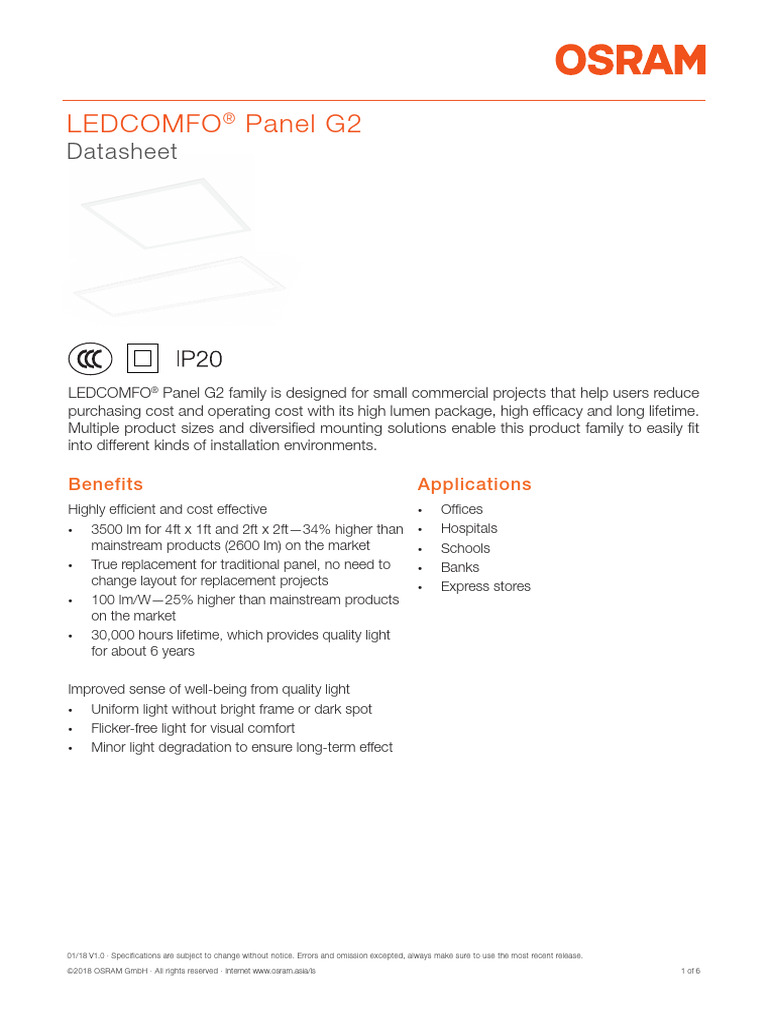 01 EN LEDCOMFO Panel G2 Datasheet v1p0 04jan2018 | PDF