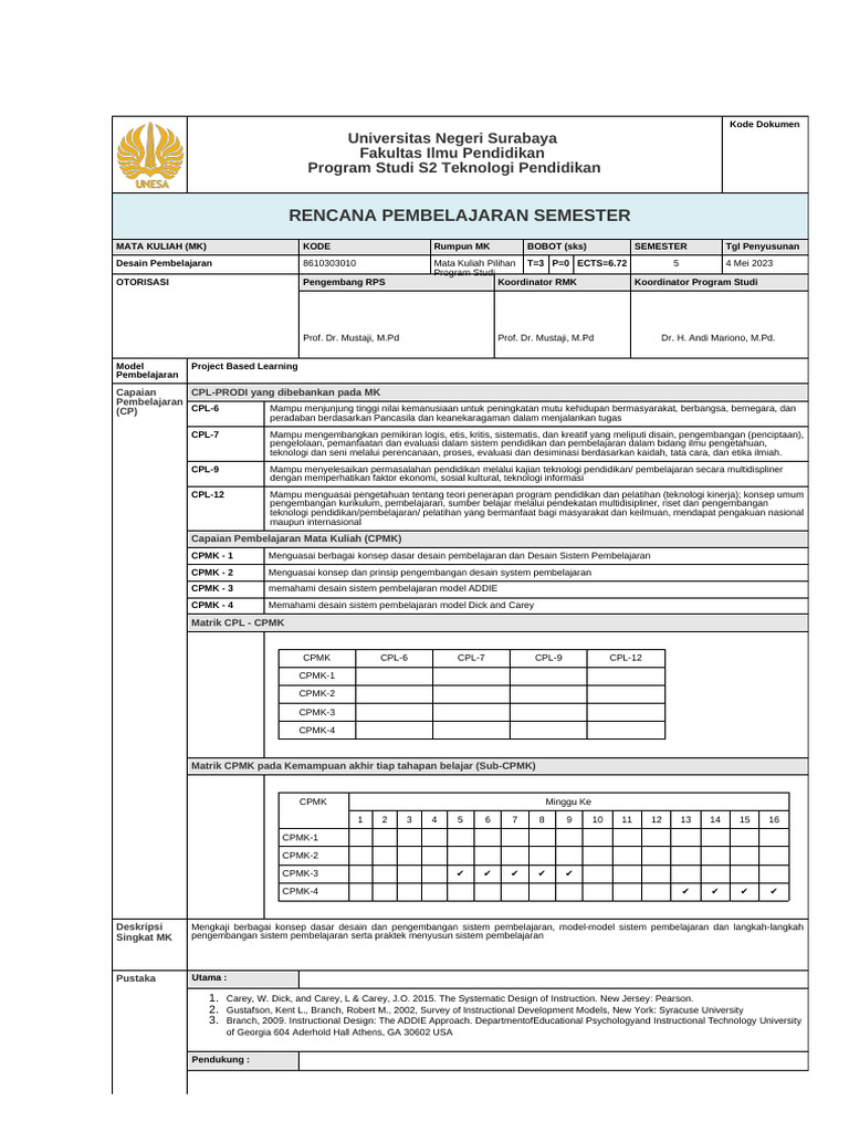 Rps Desain Pembelajaran Pdf