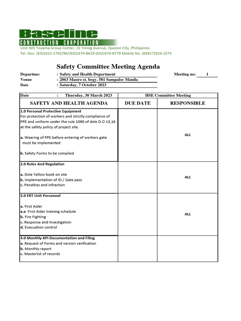 Safety Committee Meeting Agenda | PDF | Occupational Safety And Health ...