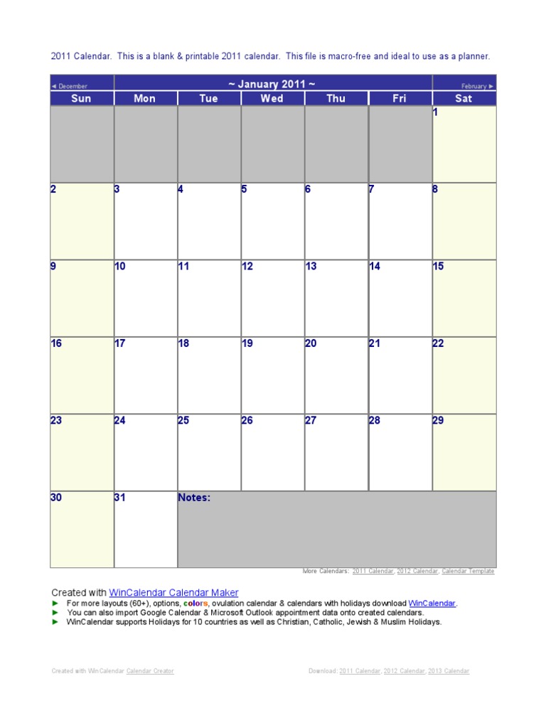 Blank and printable 2011 calendar with monthly layouts created by ...