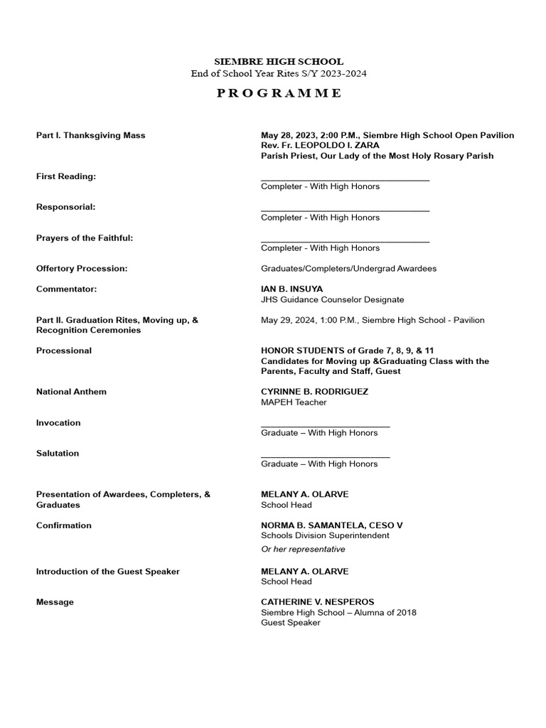 Siembre High School Graduation Program 2024 | PDF | Christian Worship ...