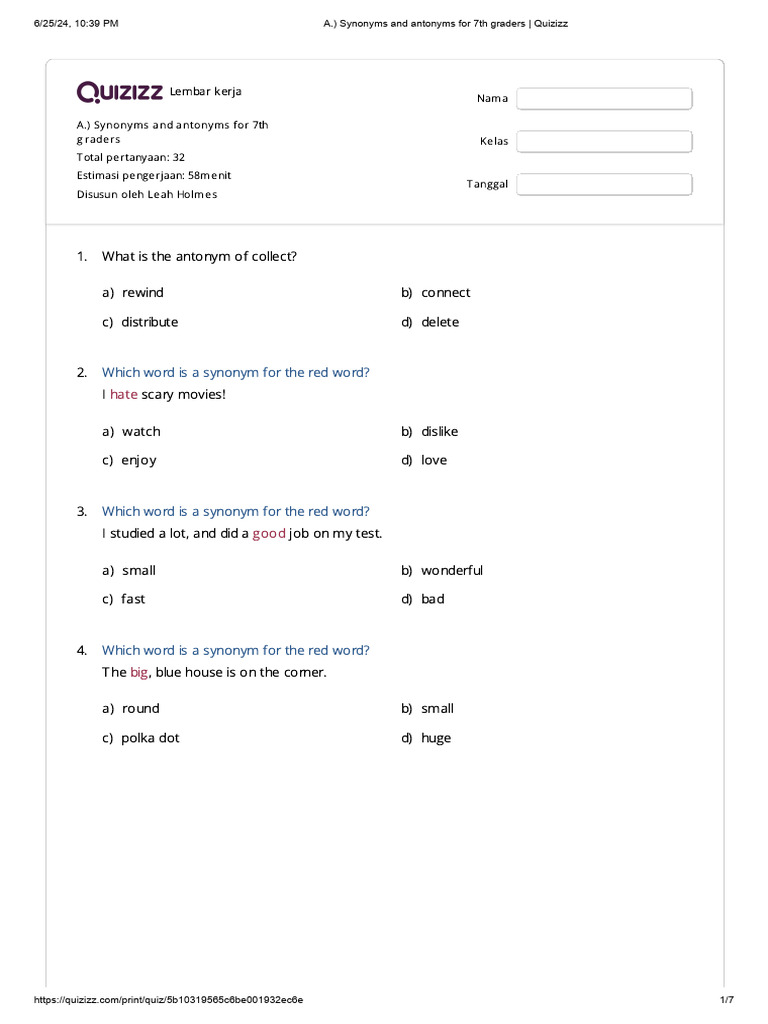 7th Grade Synonyms and Antonyms Quiz | PDF | Lexicology | Lexical Semantics