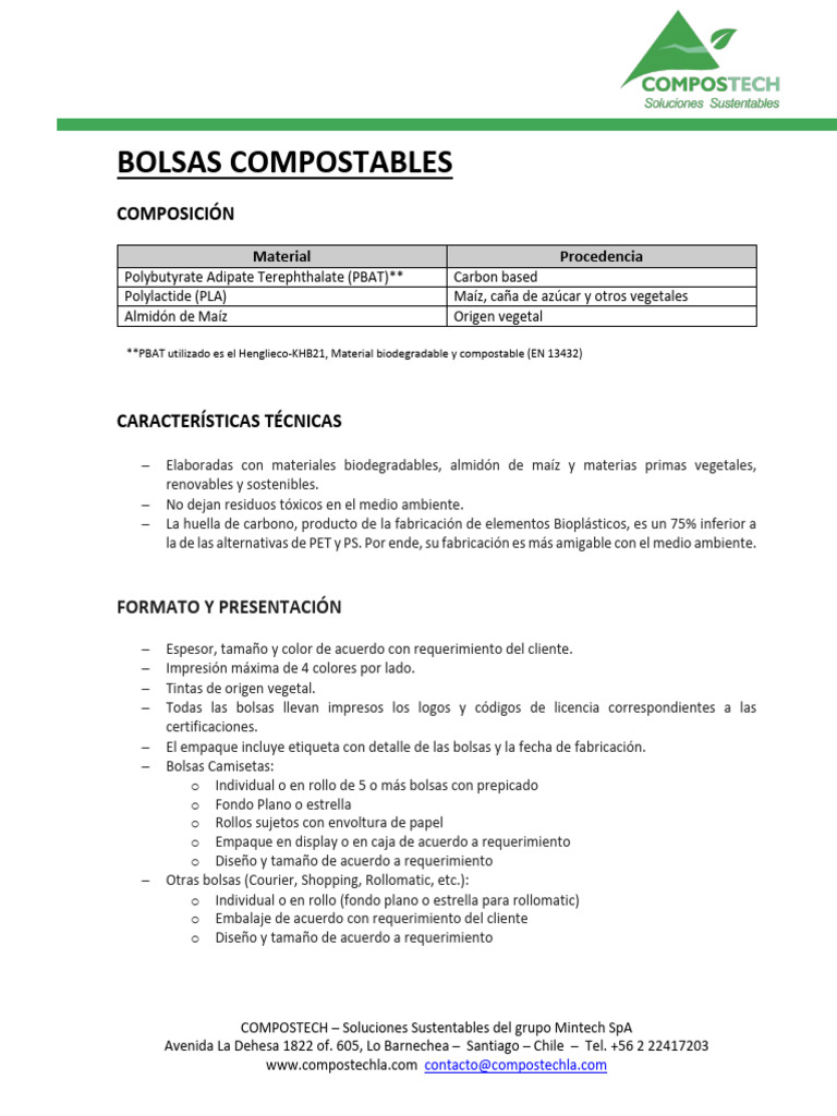 Ficha Tecnica Bolsas Compostables Compostech v3 | PDF | Materiales