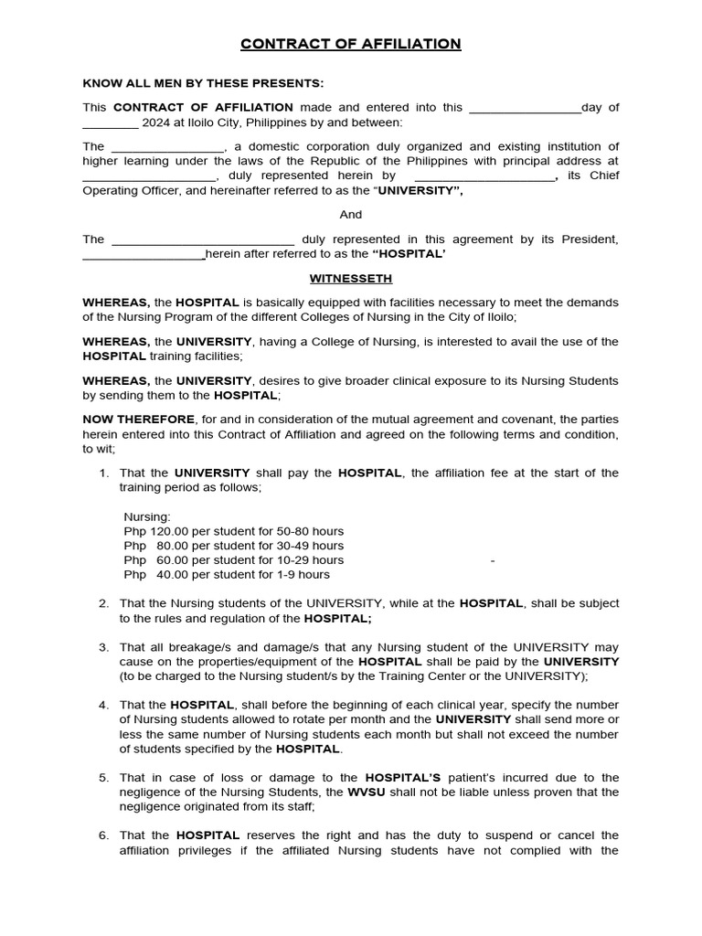 Nursing Student Affiliation Contract | PDF | Nursing | Hospital