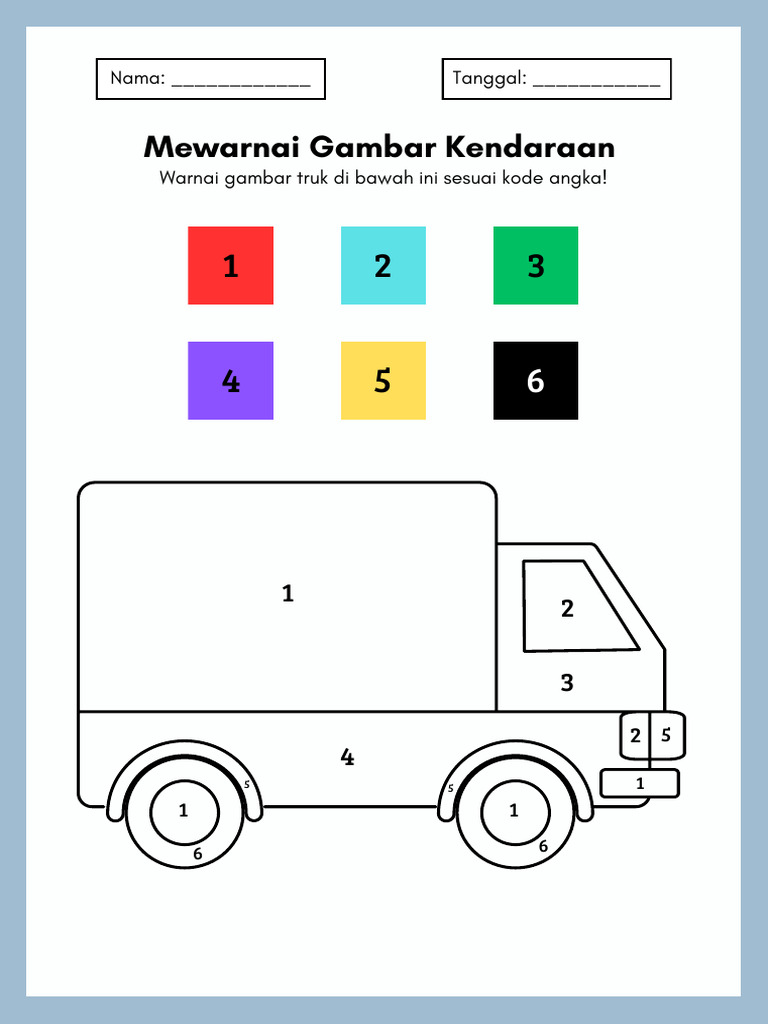Lembar Kerja Mewarnai Gambar Kendaraan Sesuai Kode Angka Warna-Warni ...