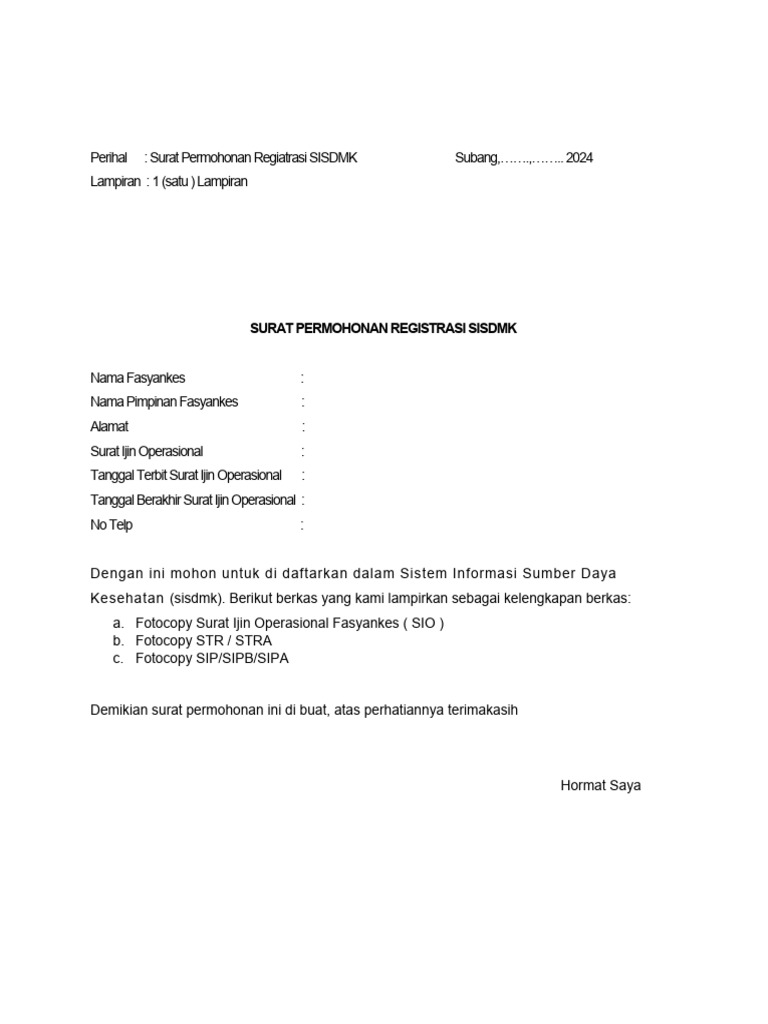 Surat Permohonan Registrasi SISDMK | PDF