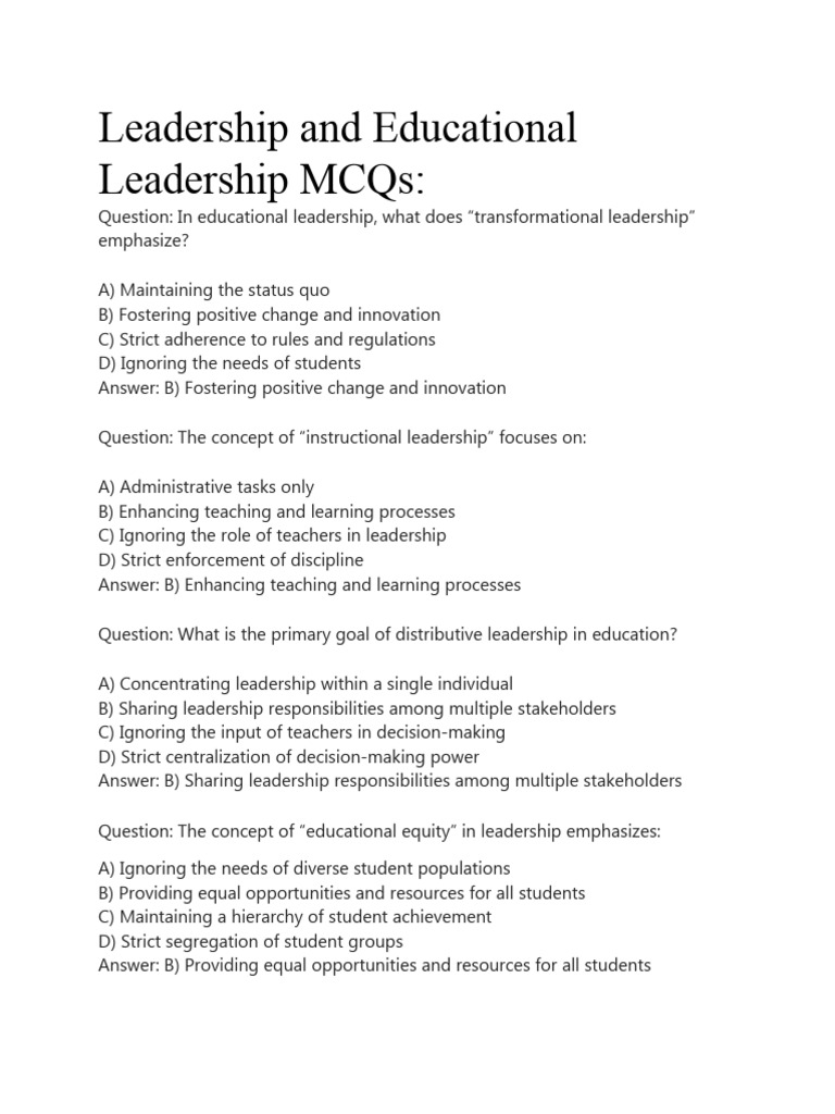 Educational Leadership MCQs and Answers | PDF | Leadership | Teachers