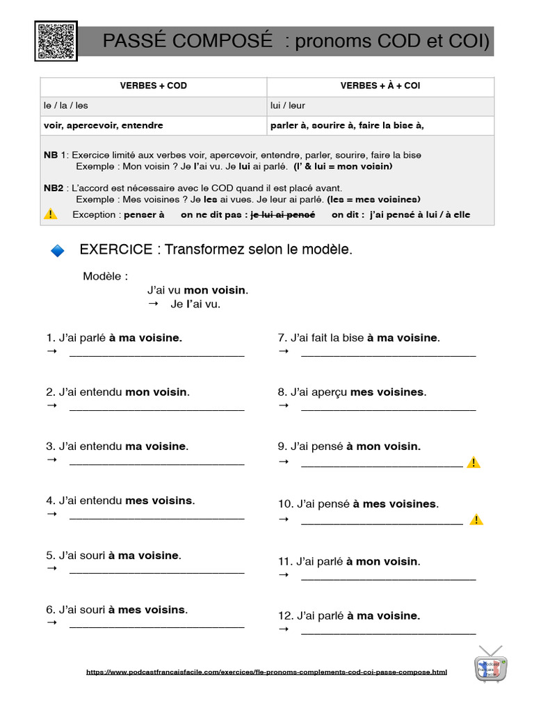 Exercice sur les pronoms COD et COI | PDF | Complément d'objet | Échecs