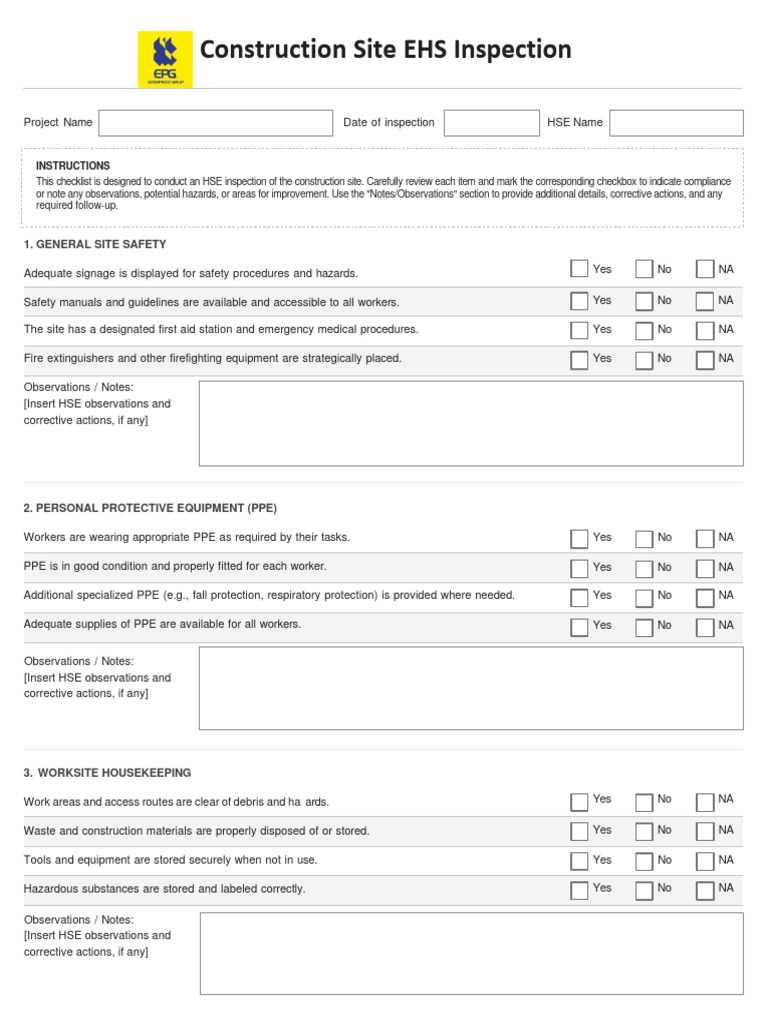 Construction Site HSE Inspection Checklist | PDF | Personal Protective ...