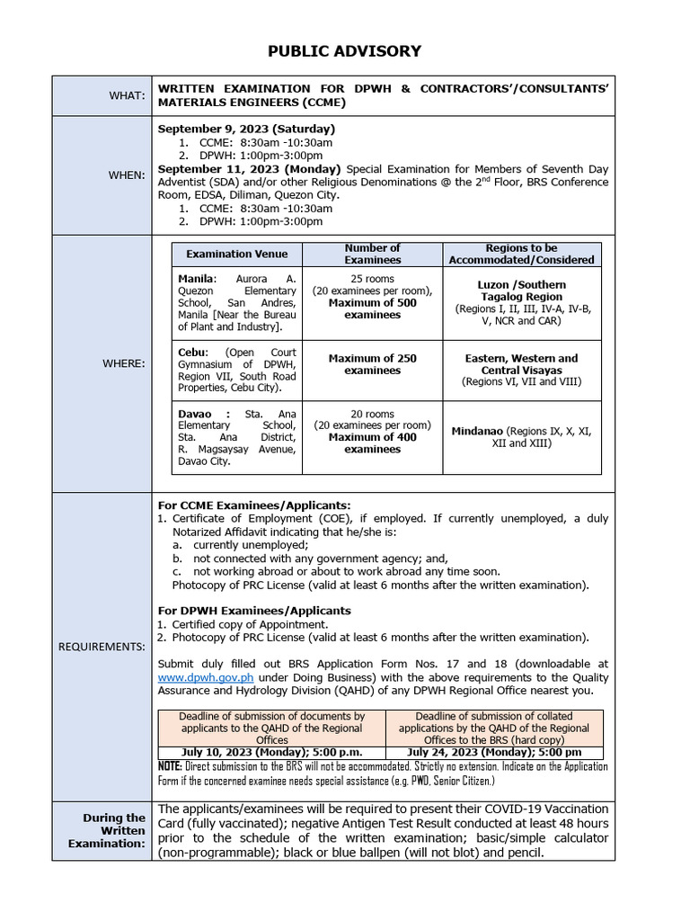 DPWH & CCME Written Exam Advisory | PDF