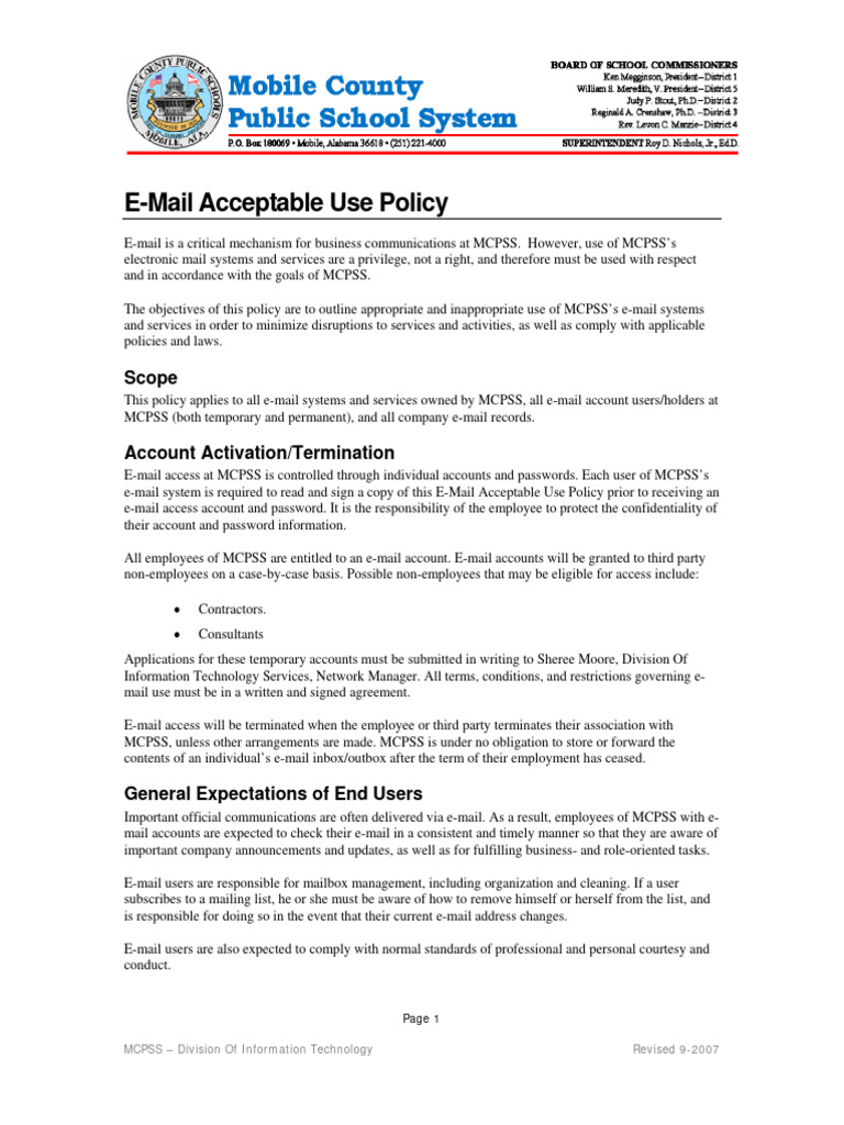 MCPSS E-Mail Acceptable Use Policy | PDF | Employment | Password