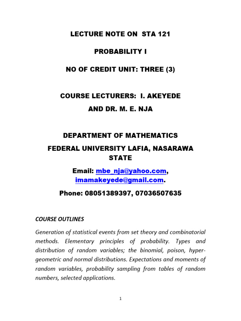 STA 121 Probability I Note 2021 | PDF | Random Variable | Probability ...