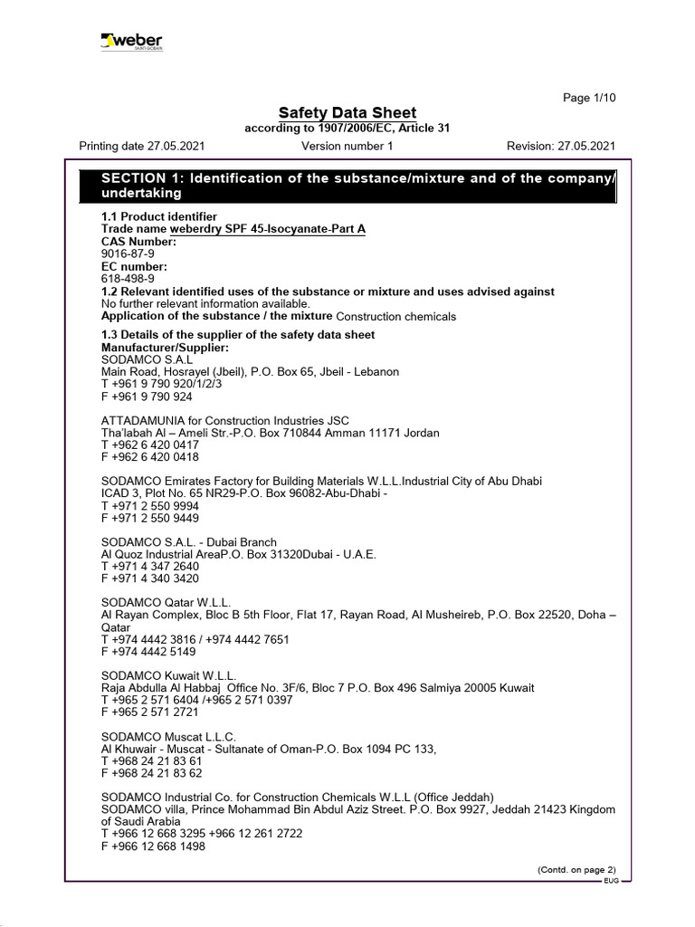 MSDS Weberdry - SPF - 45-Isocyanate-Part - A | PDF | Toxicity ...
