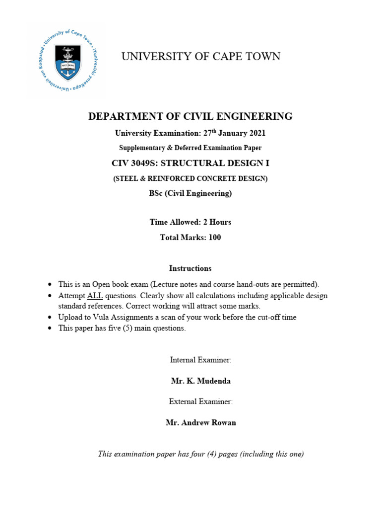 UCT CIV 3049S Structural Design Exam | PDF | Bending | Beam (Structure)