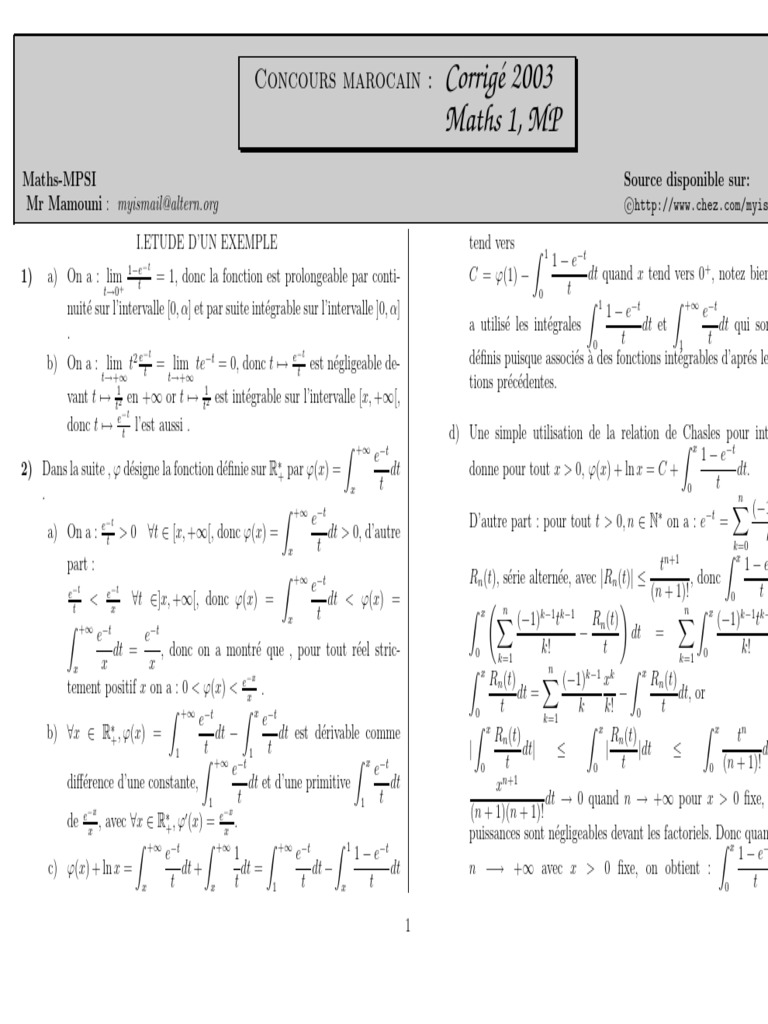 Corrigé du Concours de Maths 2003 | PDF | Limite (mathématiques ...