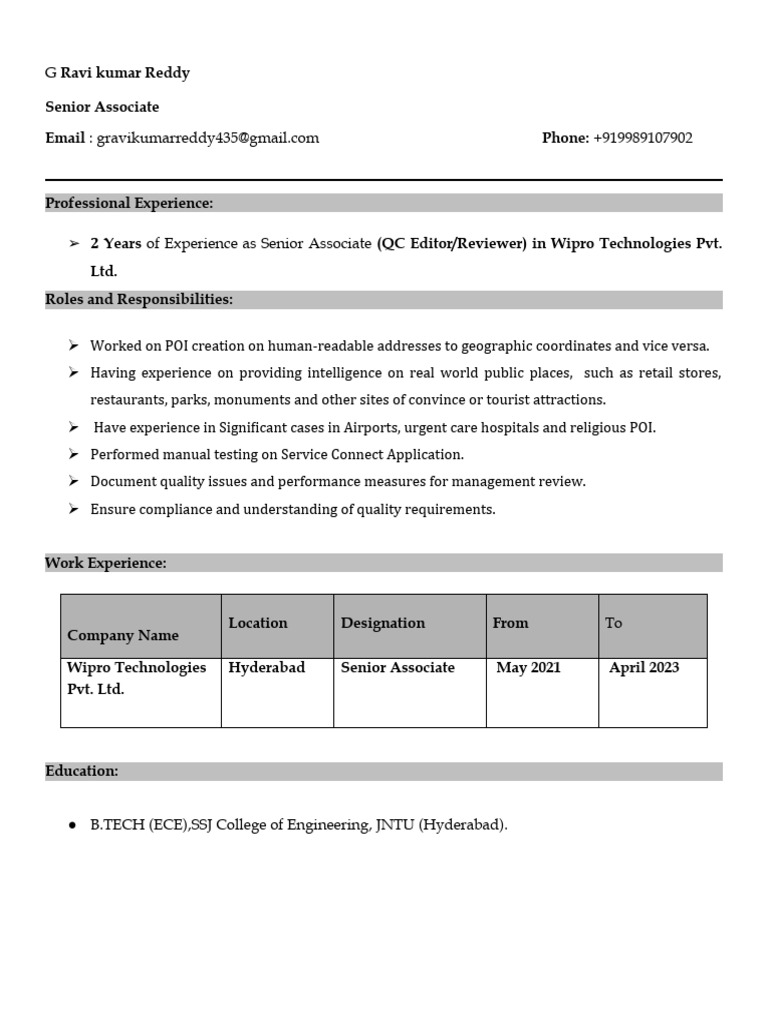Senior Associate Resume - G Ravi Kumar Reddy | PDF | Business | Computers