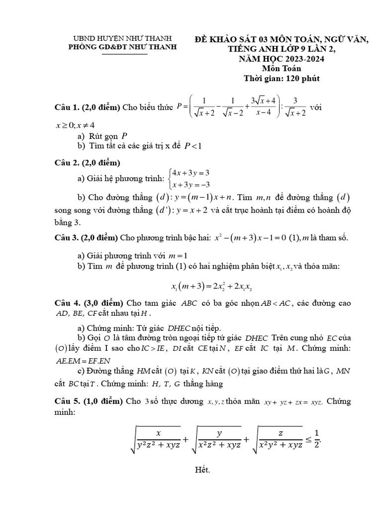 Đề và HDC môn Toán LẦN 2 PGD. | PDF