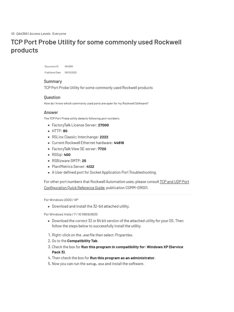 Rockwell TCP Port Probe Utility Guide | PDF | Port (Computer Networking ...