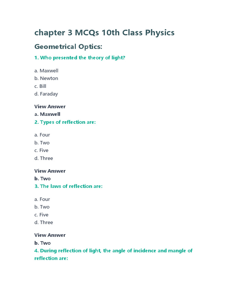 Class 10 Physics Chapter 3 MCQs | PDF | Mirror | Reflection (Physics)