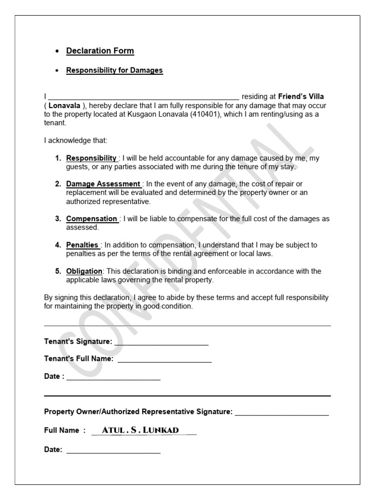 Tenant Damage Responsibility Declaration | PDF