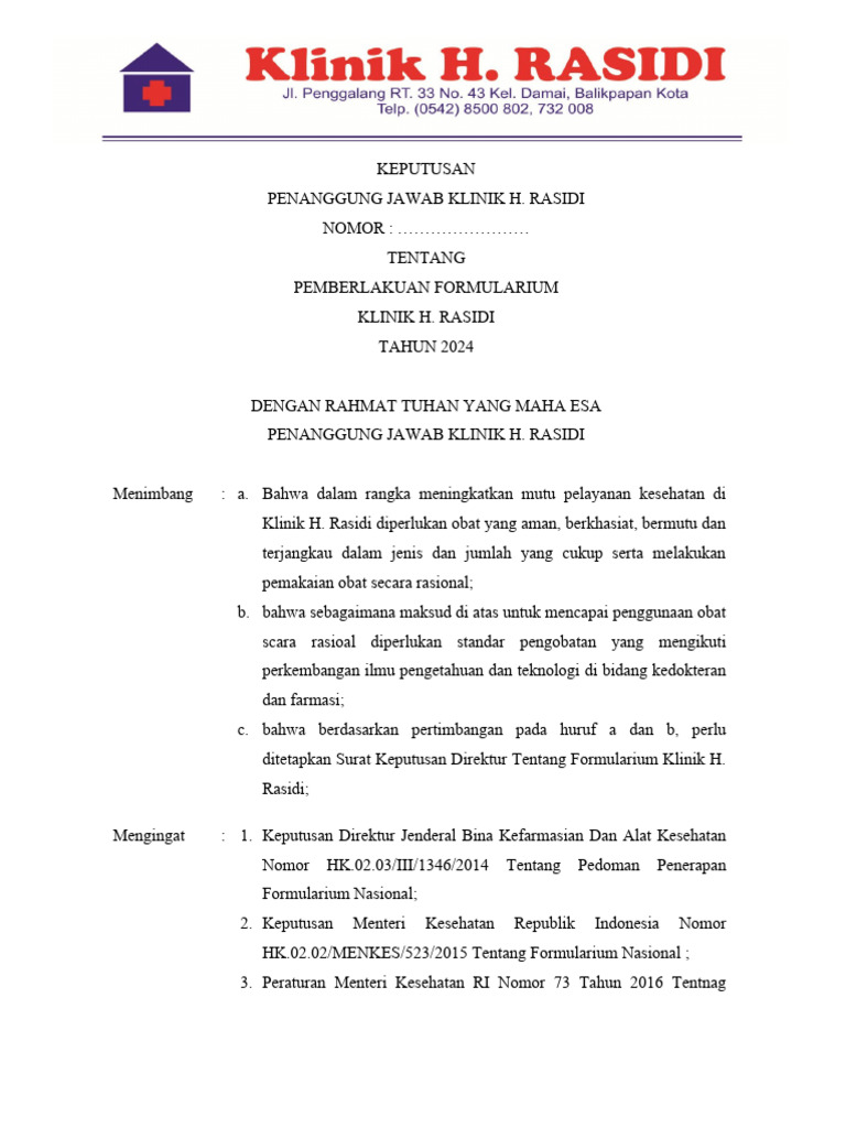 Pemberlakuan Formularium Klinik H. Rasidi | PDF