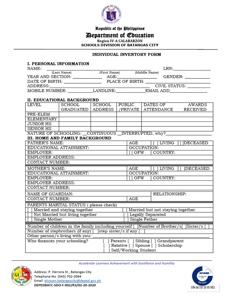 Individual Inventory Form - DepEd | PDF | Family | Psychology