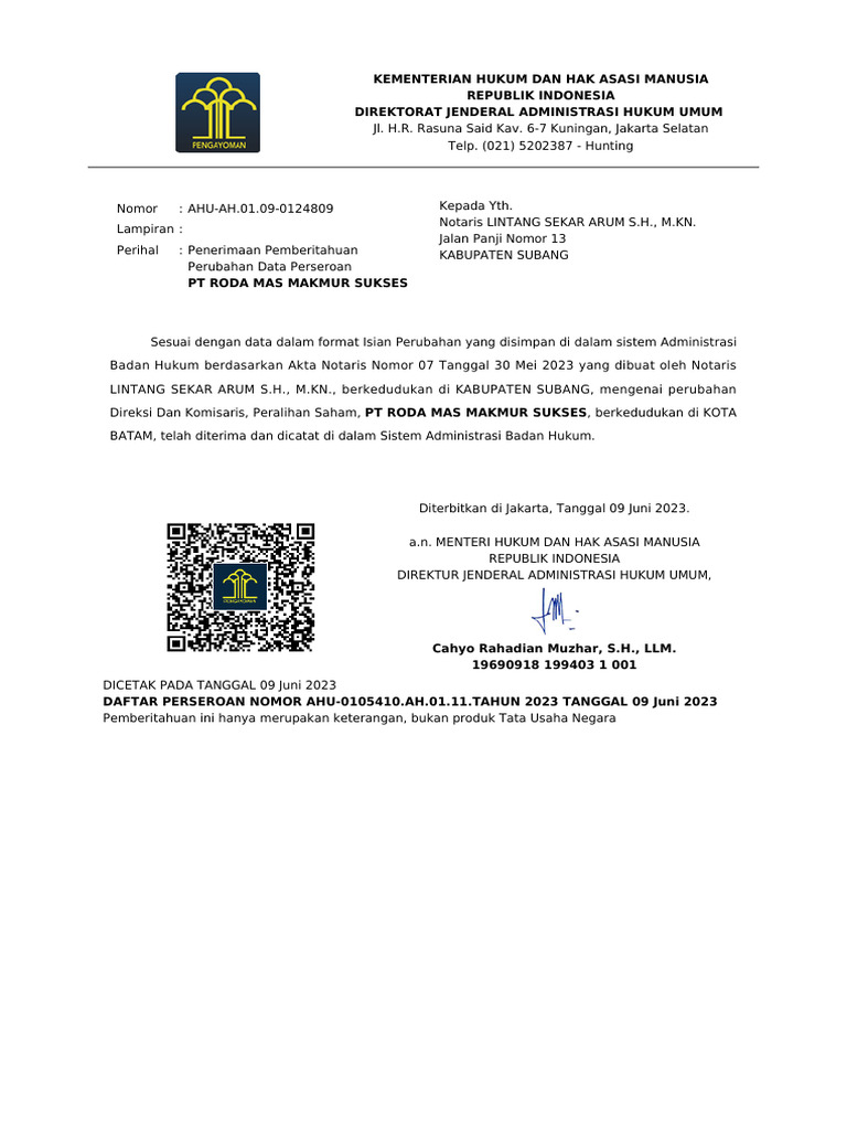 Pemberitahuan Perubahan Data PT Roda Mas | PDF