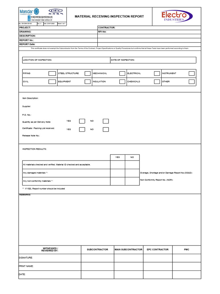 Material Receiving Inspection Report | PDF