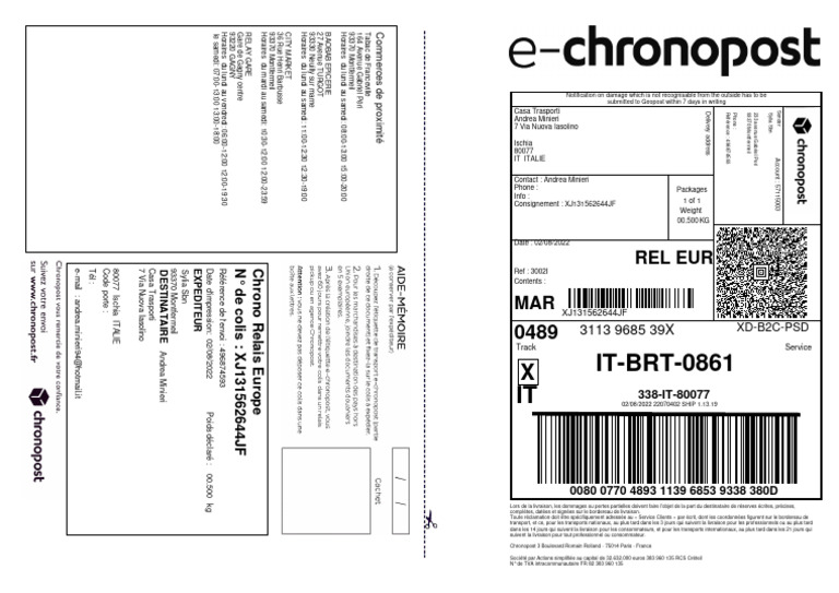 D tails D envoi Chronopost XJ131562644JF PDF