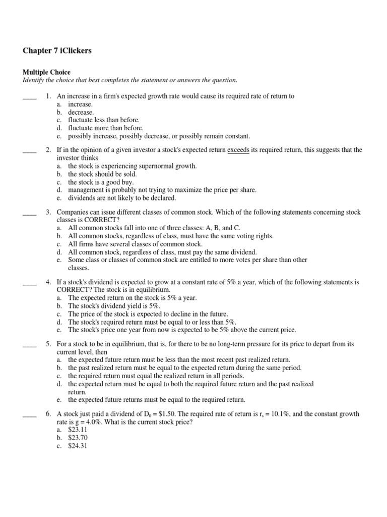 Chapter 7 Iclicker Question and Answers | PDF | Stocks | Economic ...