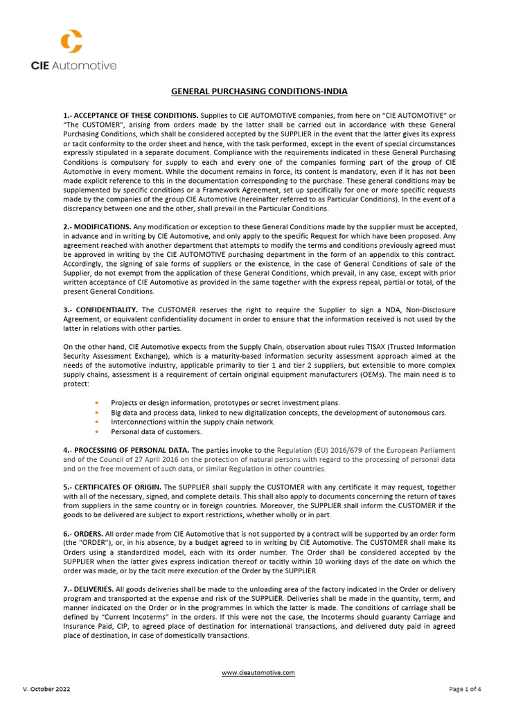 CIE Automotive General Purchasing Conditions | PDF | Supply Chain ...