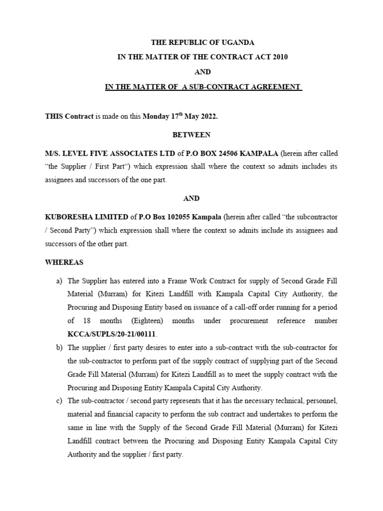 Level Five Associates Sub Contract Agreement | PDF | Mediation ...